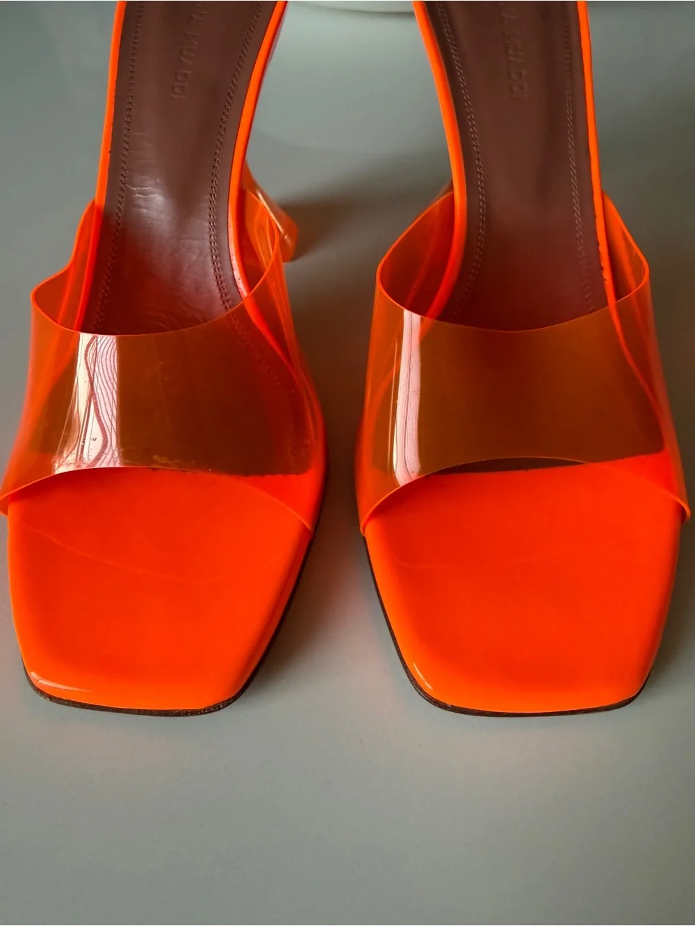 Amina Muaddi Orange Clear Strap Slide Heels